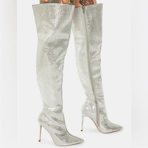 Steve Madden Skyscraper rhinestone pointed toe over the knee boots silver 6.5